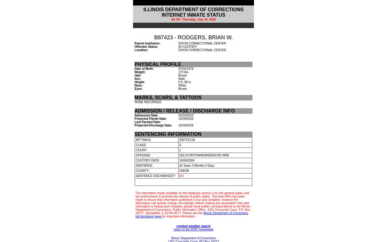 IDOC projected parole and discharge date fields for a Saline County release date lookup