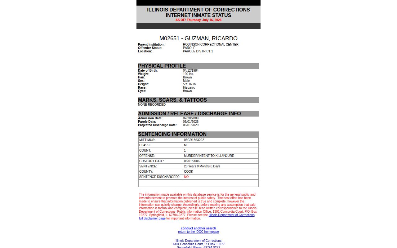 IDOC parole status and date example for Saline County post-release supervision